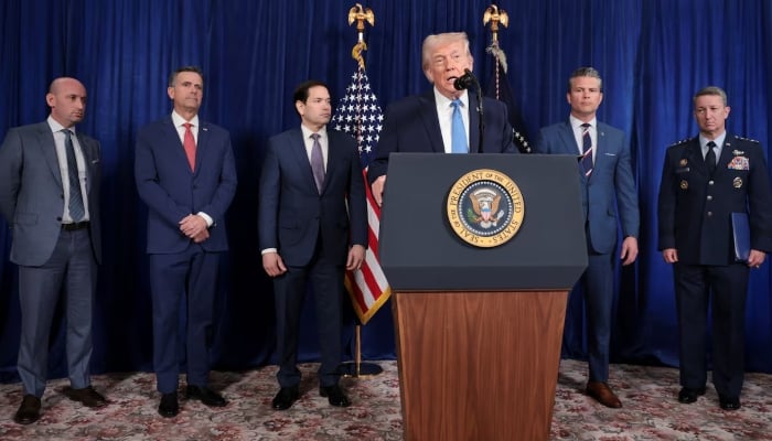 US President Donald Trump speaks as White House Deputy Chief of Staff Stephen Miller, CIA Director John Ratcliffe, Secretary of State Marco Rubio, Secretary of Defense Pete Hegseth and General Dan Caine, Chairman of the Joint Chiefs of Staff, look on during a press conference following a US strike on Venezuela where President Nicolas Maduro and his wife, Cilia Flores, were captured, from Trumps Mar-a-Lago club in Palm Beach, Florida, US, January 3, 2026. — Reuters