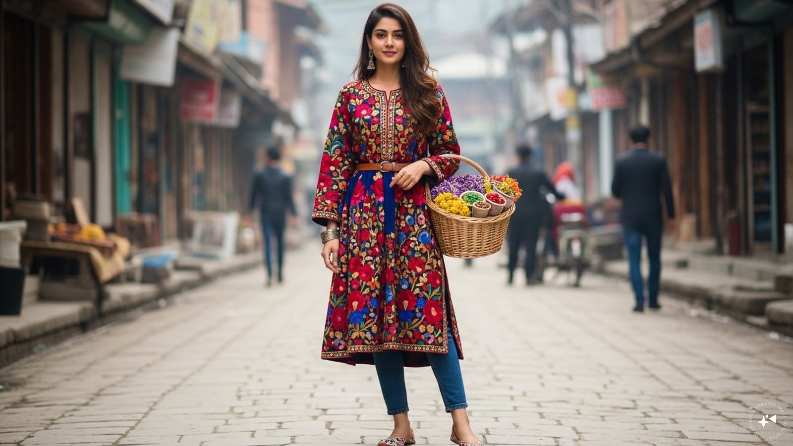 Belted Modern Silhouette: Transform the flowing Pheran into a chic outfit by adding a statement belt at the waist. This instantly creates shape and sophistication, making it ideal for casual outings or evening dinners while maintaining the garment’s cozy charm. Belted Modern Silhouette: Transform the flowing Pheran into a chic outfit by adding a statement belt at the waist. This instantly creates shape and sophistication, making it ideal for casual outings or evening dinners while maintaining the garment’s cozy charm.